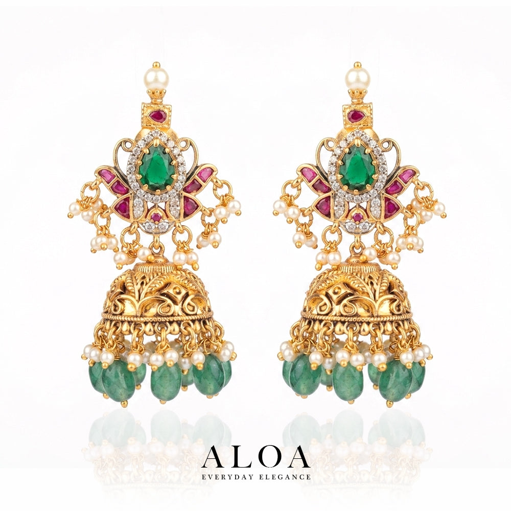 Lotus Emerald & Kempu Jhumka Earrings