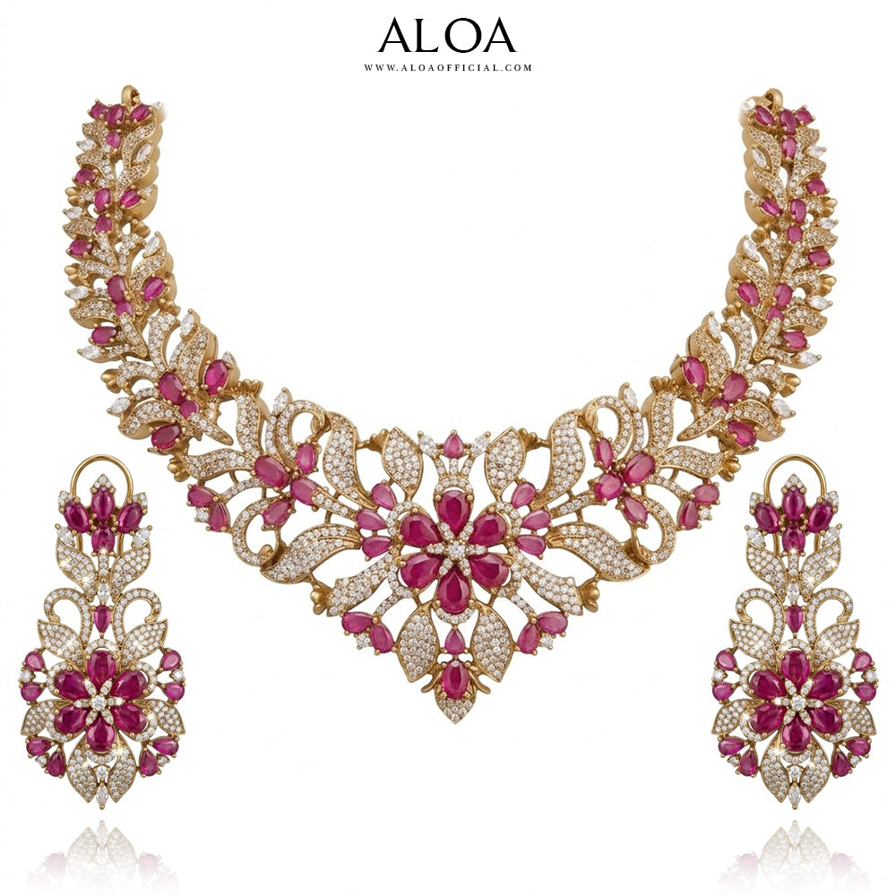 Floral Ruby & CZ Statement Necklace