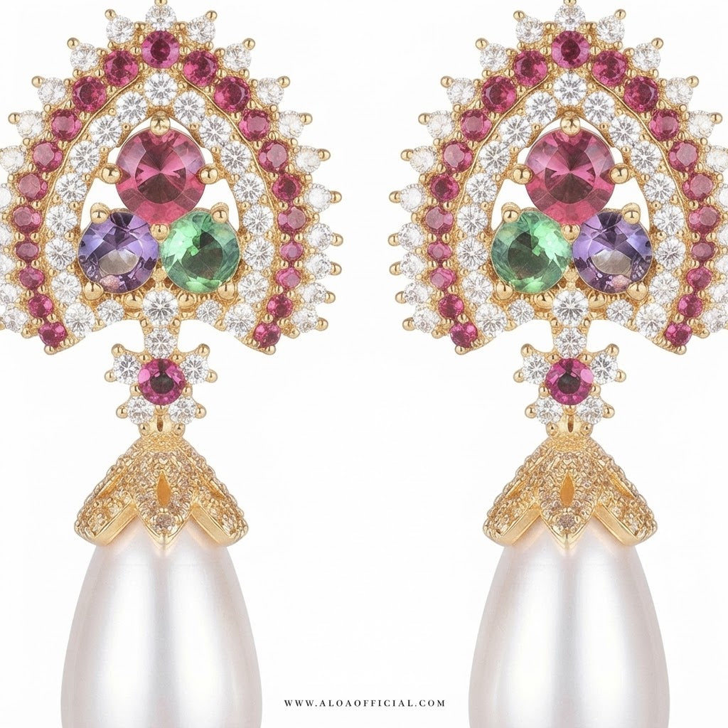 Gold Multi-Stone Pearl Drop Earrings