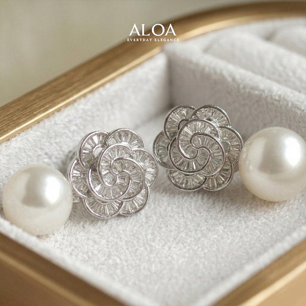 Baguette Crystal Rose Pearl Earrings