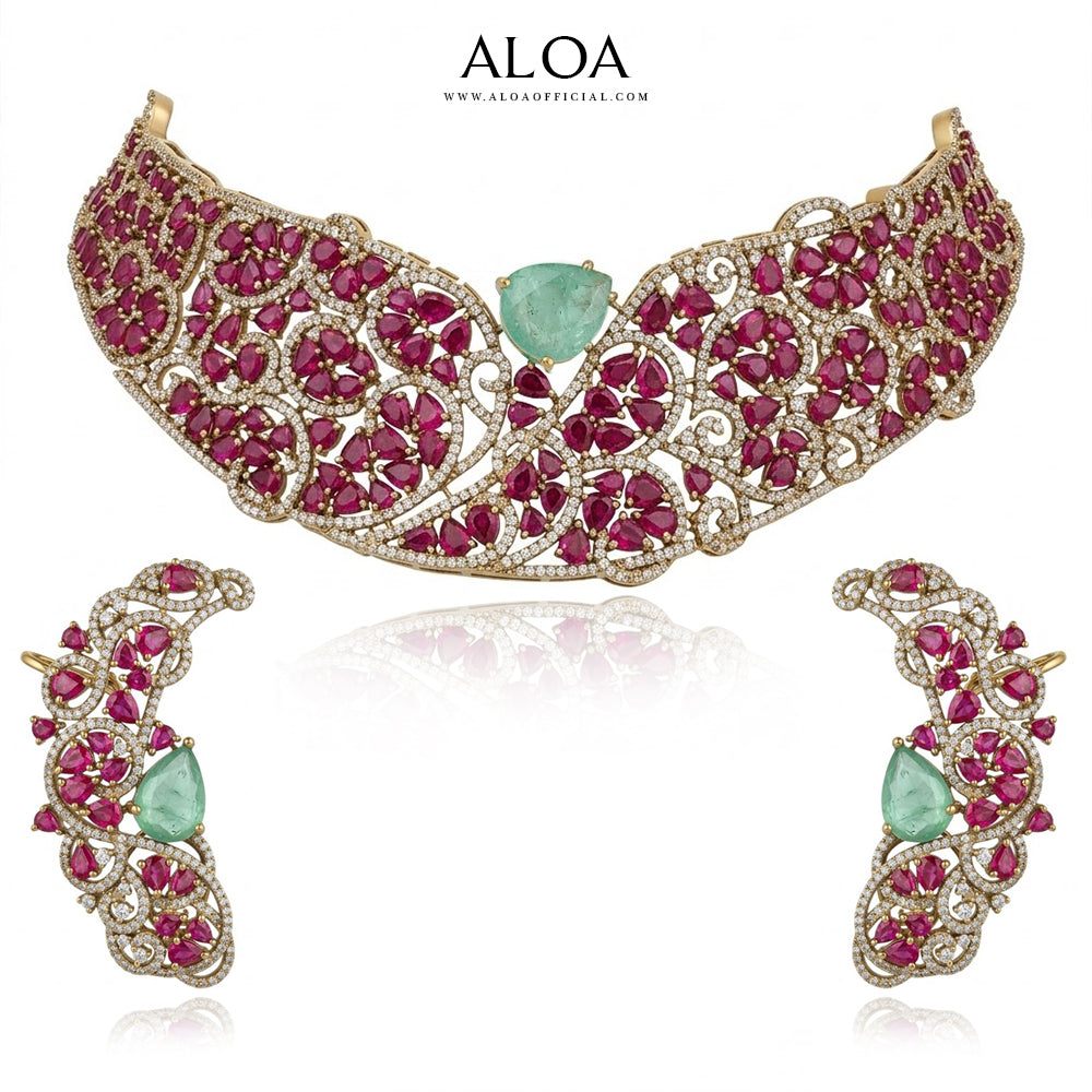 Deep Ruby Filigree Choker & Ear Cuff Set