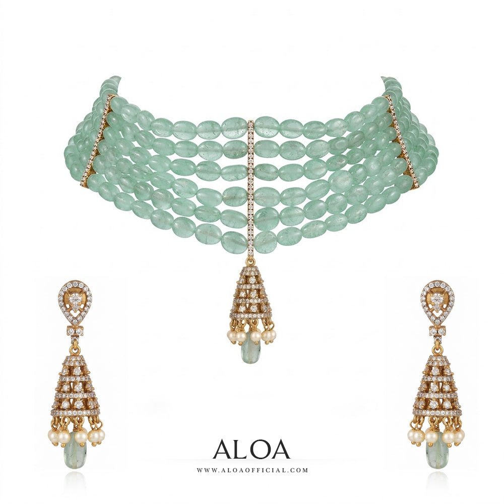 Mint Stone Beads Multi-Strand Jhumka Choker Set