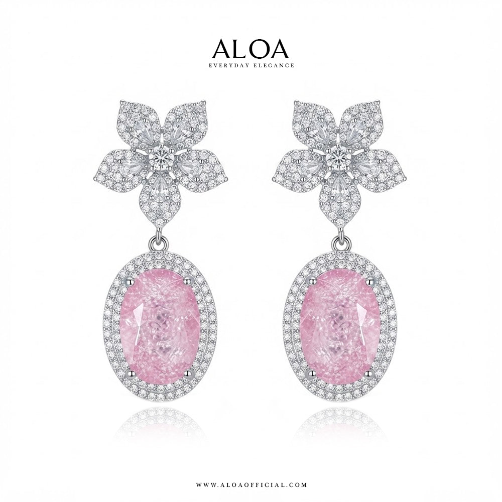Silver Floral Pink Oval Drop Earrings
