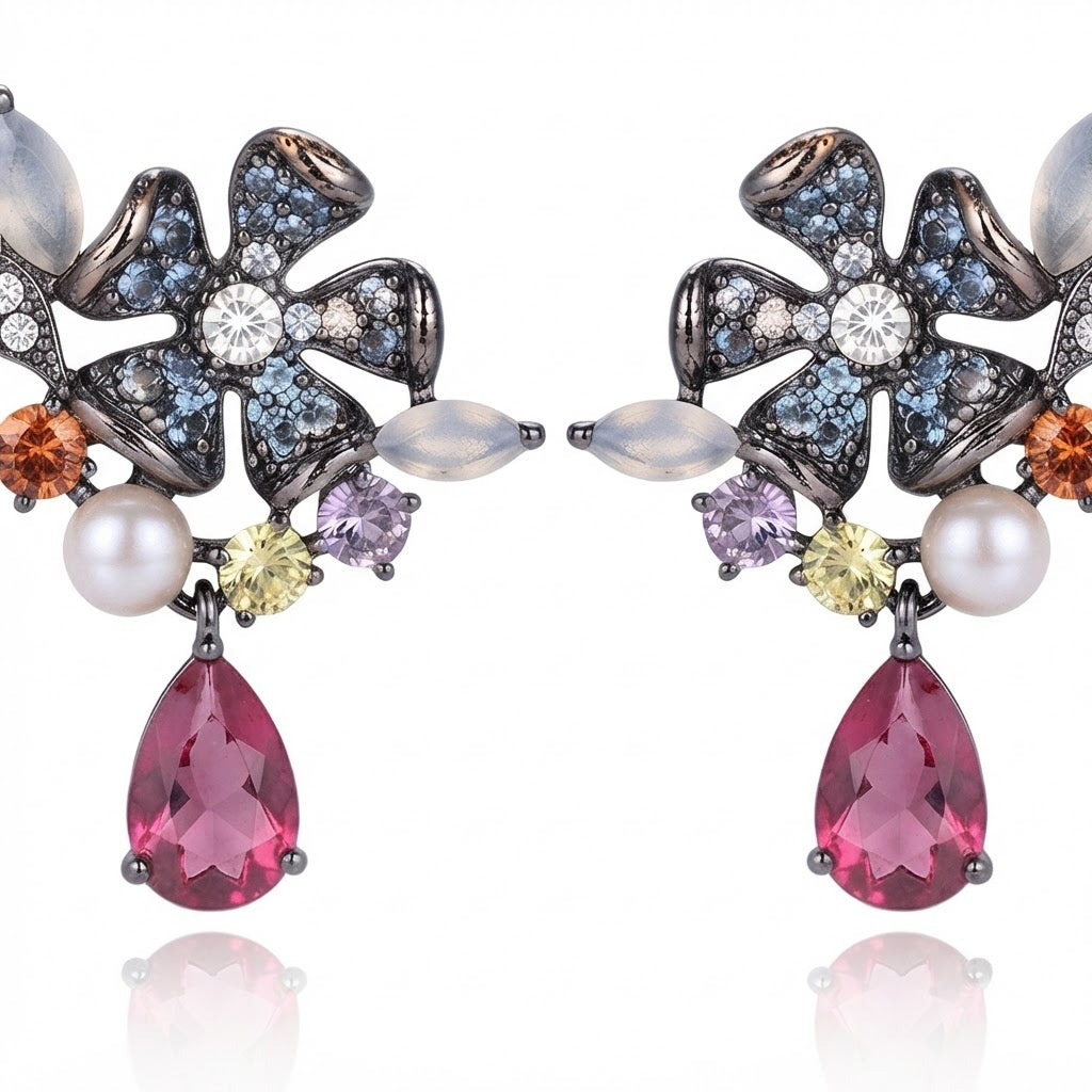Black Rhodium Multicolored Floral Earrings