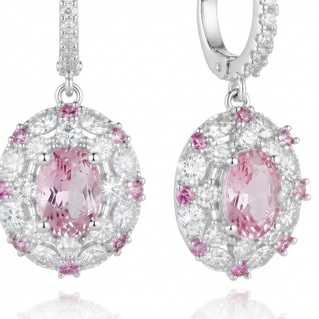 Pink Oval Halo Drop Earrings