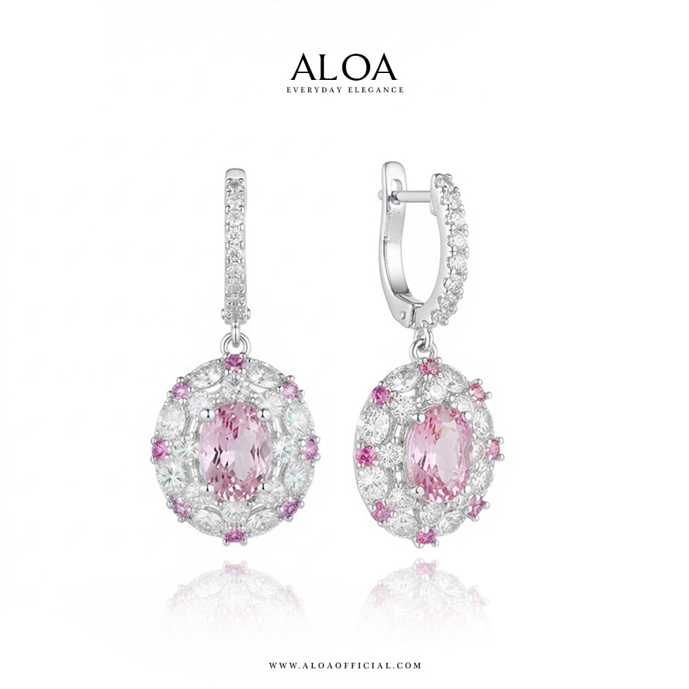 Pink Oval Halo Drop Earrings