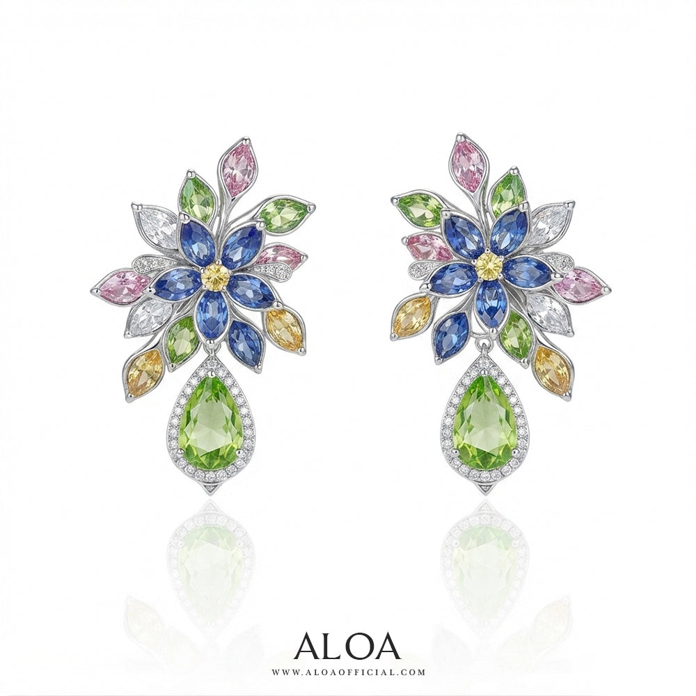 Silver Blue and Yellow Floral Peridot Drop Earrings