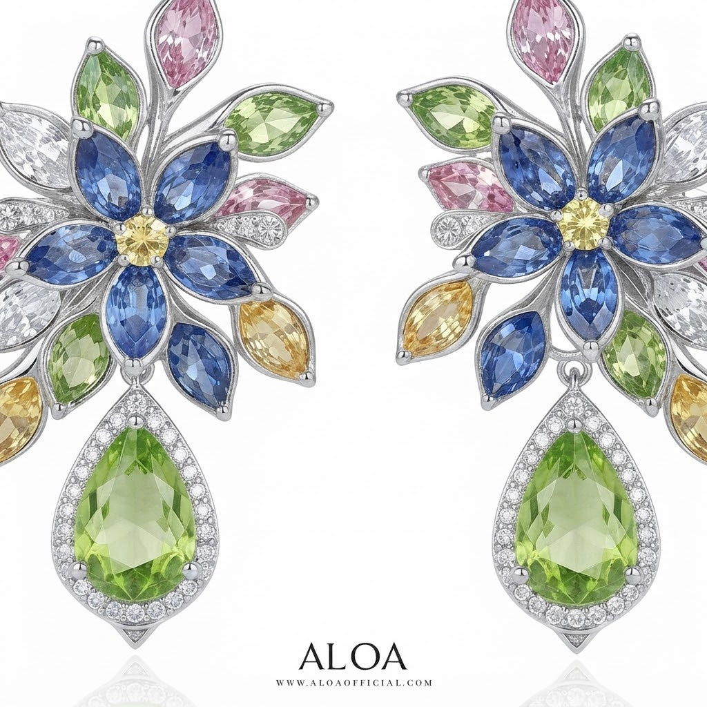 Silver Blue and Yellow Floral Peridot Drop Earrings