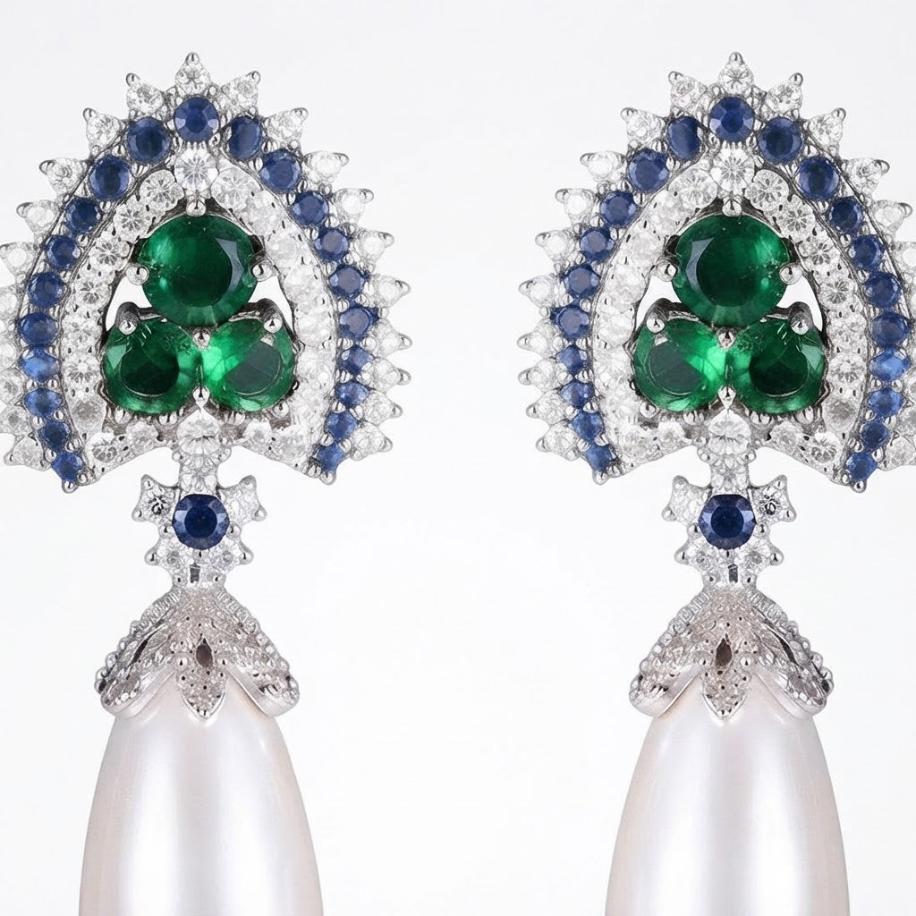 Silver Multi-Stone Pearl Drop Earrings