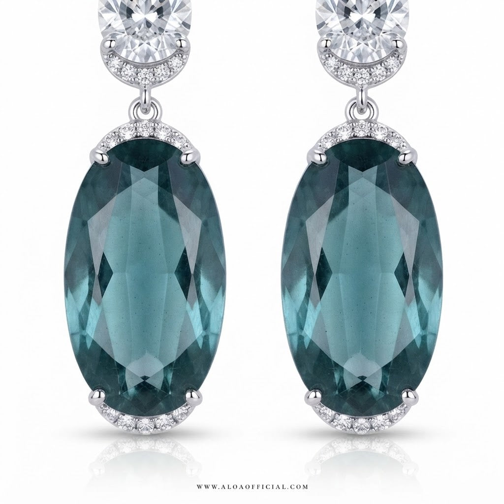 Pear Diamond & Teal Oval Earrings