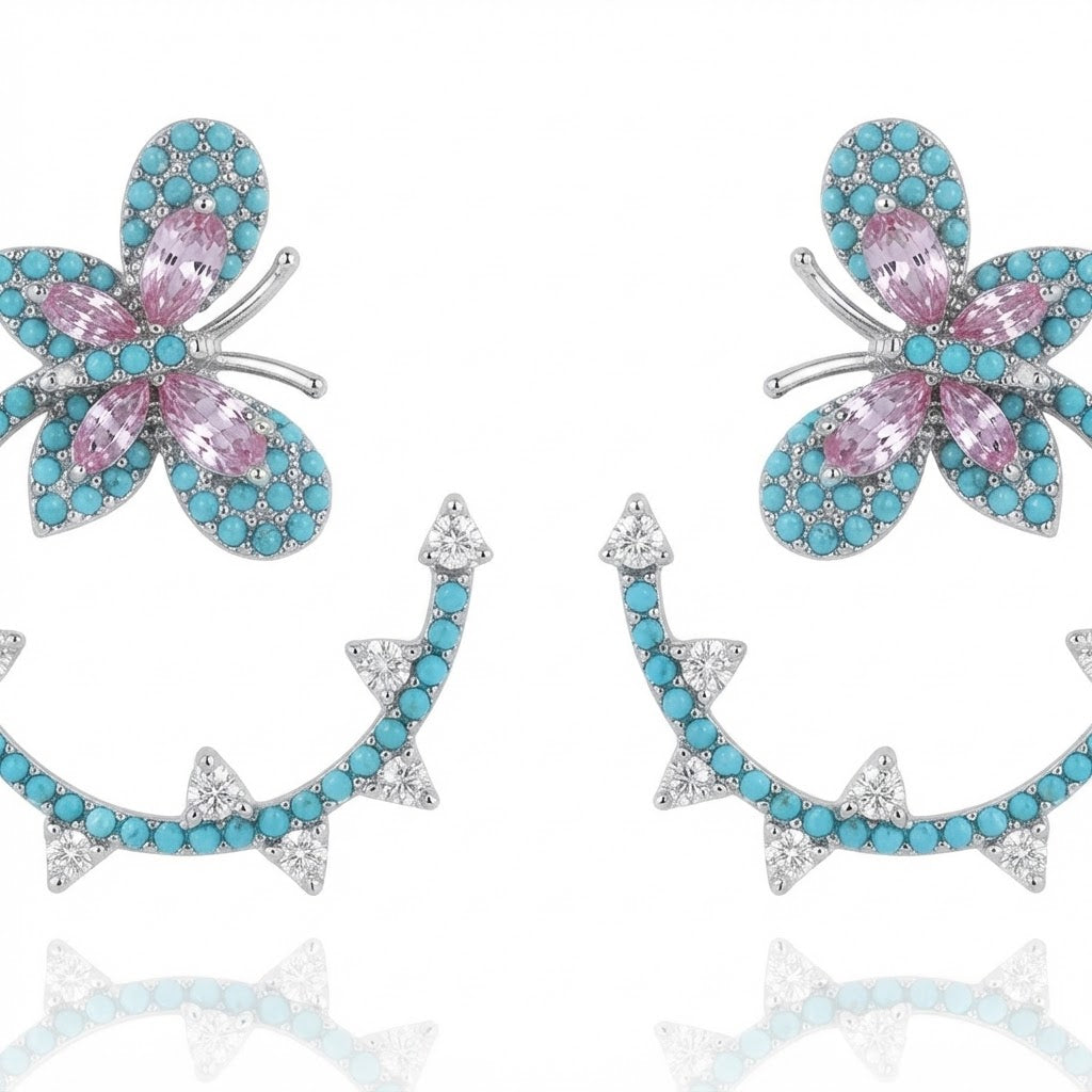 Silver Turquoise Butterfly Hoop Earrings