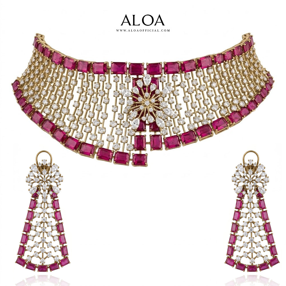 Baguette Ruby & CZ Suspended Mesh Choker Set