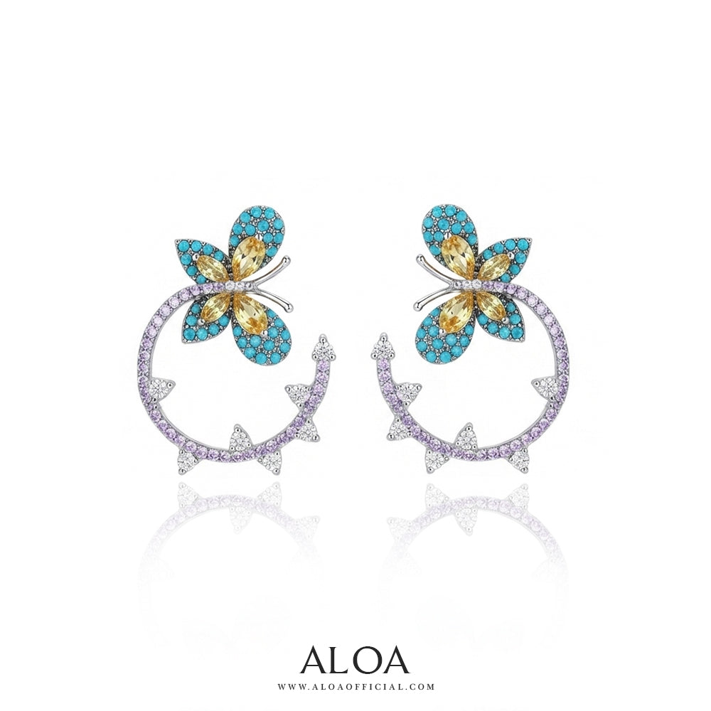 Silver Purple and Turquoise Butterfly Hoop Earrings
