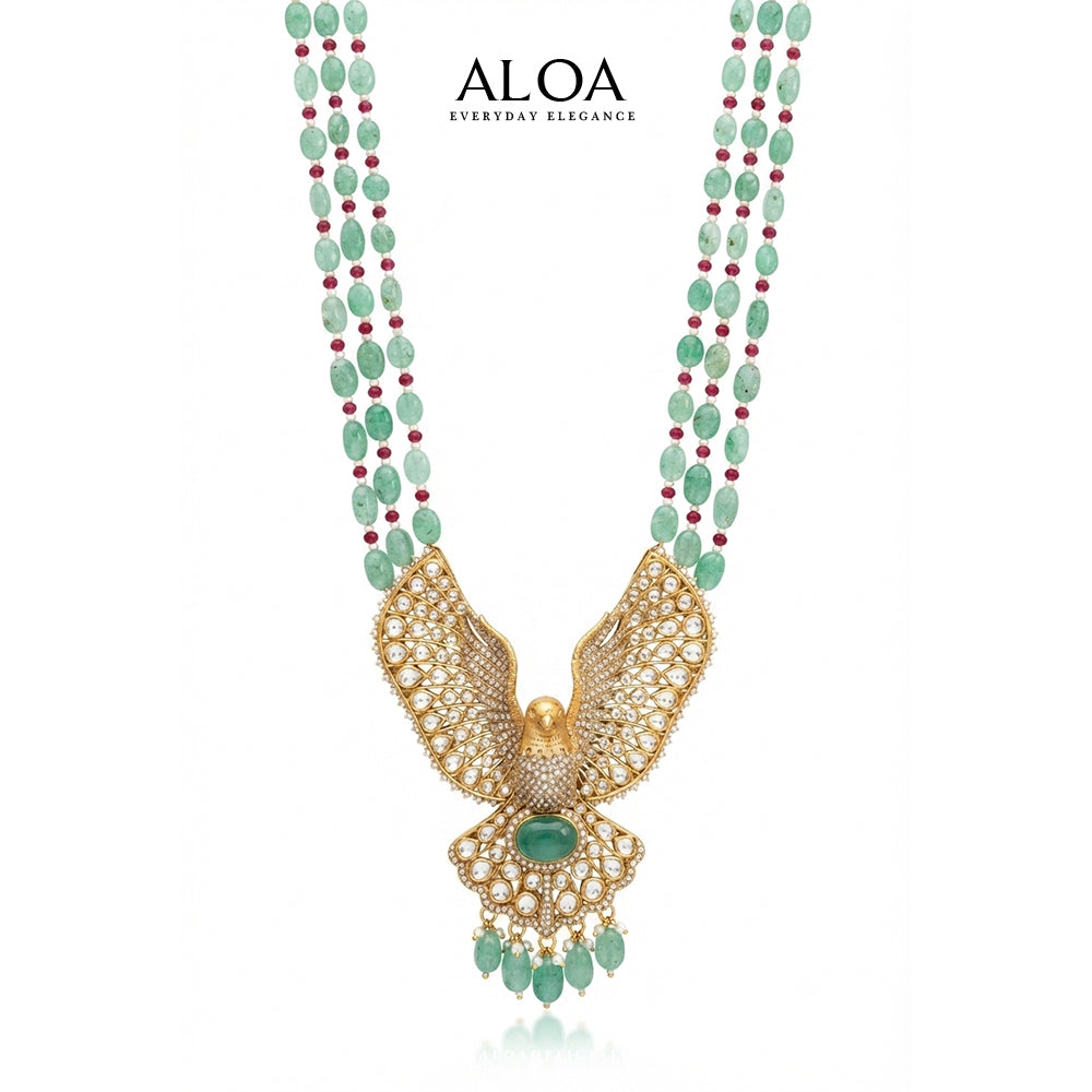 Golden Avian & Beaded Emerald Statement Set