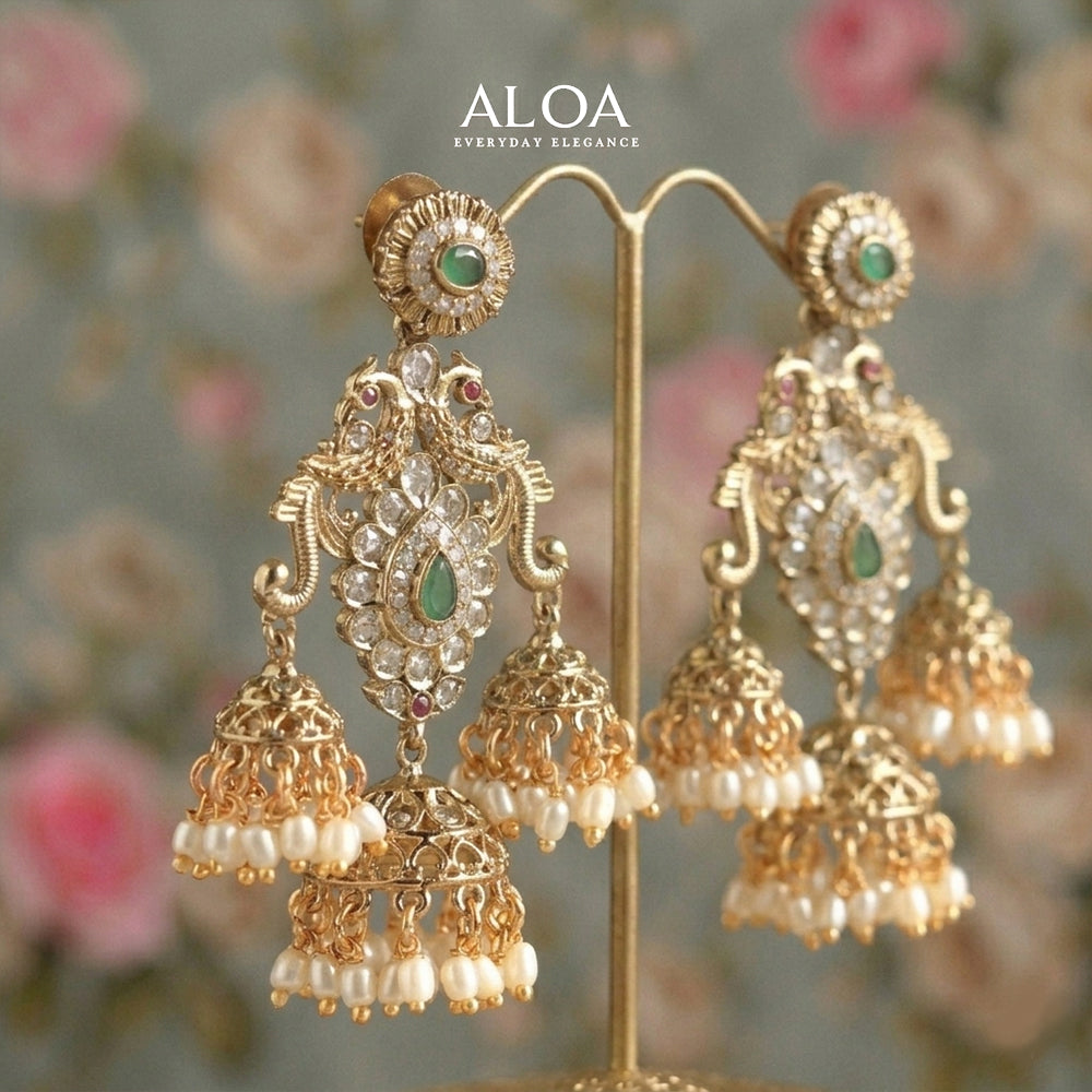 Gold-Tone Triple Jhumka Earrings