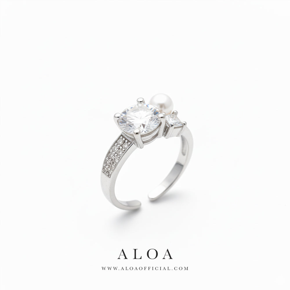 Pearl & CZ Cluster Open Cuff Ring