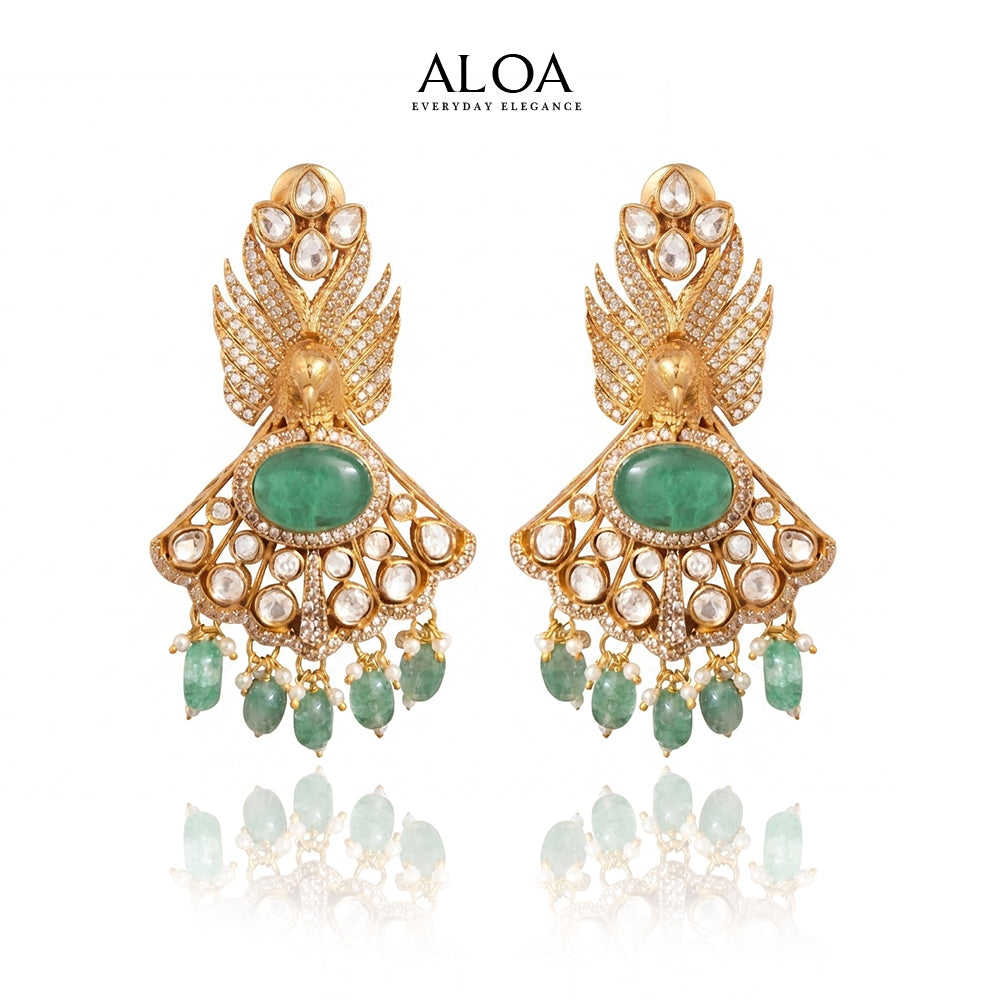 Golden Avian & Beaded Emerald Statement Set