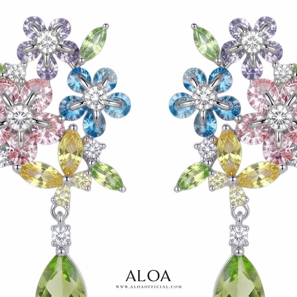 Silver Multi-Color Floral Peridot Drop Earrings