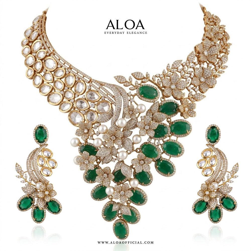 Emerald green CZ American diamond bridal necklace set with floral detailing - ALOA