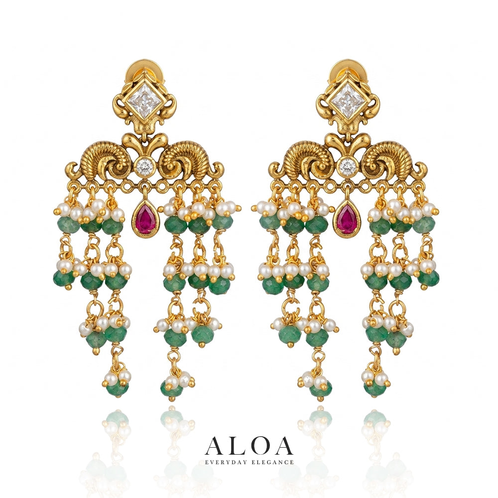 Gold Drop Earrings with Emerald and Ruby Accents