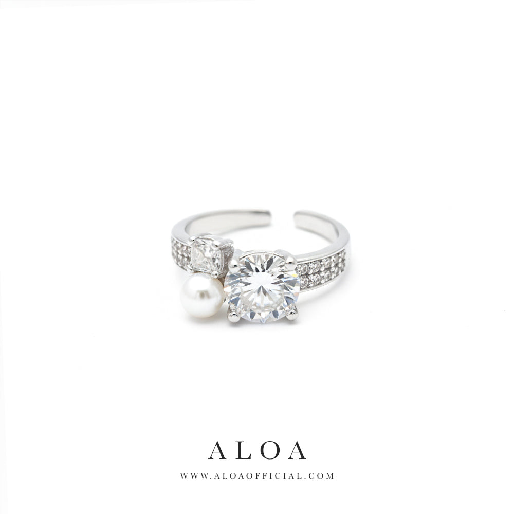 Pearl & CZ Cluster Open Cuff Ring