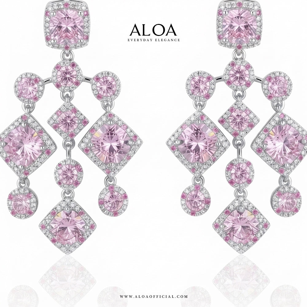 Silver Pink Crystal Chandelier Earrings