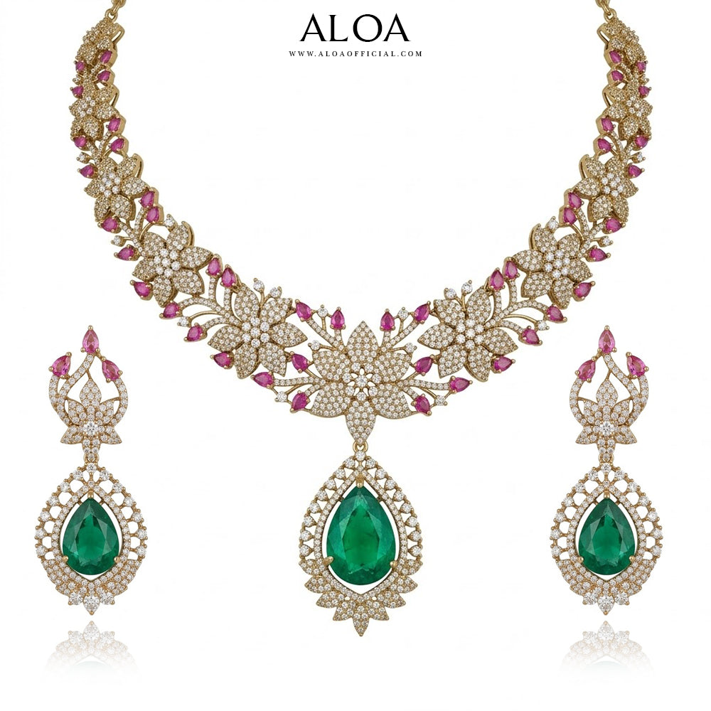 Gold-Tone Cubic Zirconia & Ruby Floral Garland Necklace Set