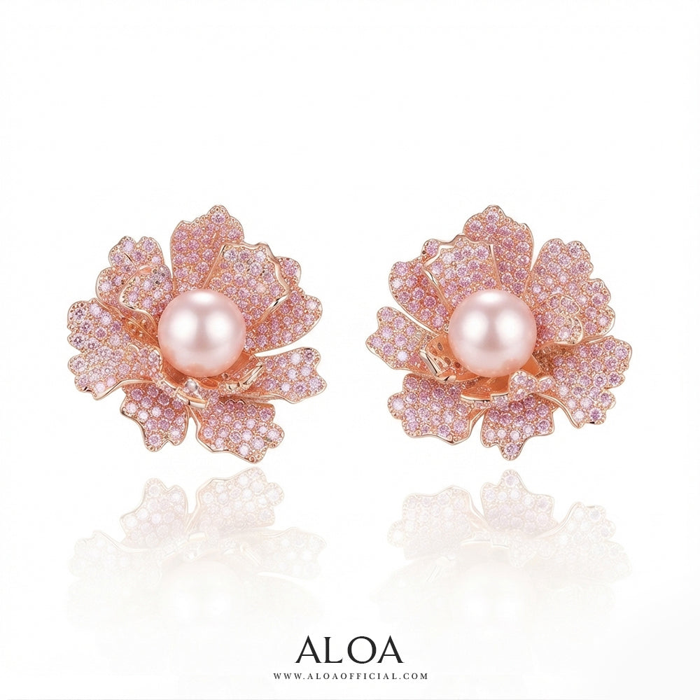 Rose Gold Pink Crystal Peony Earrings