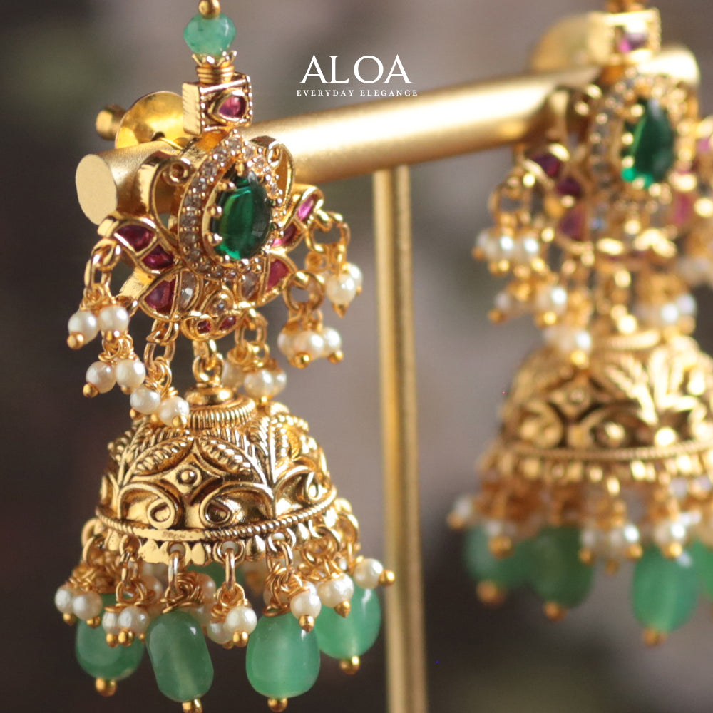 Lotus Emerald & Kempu Jhumka Earrings