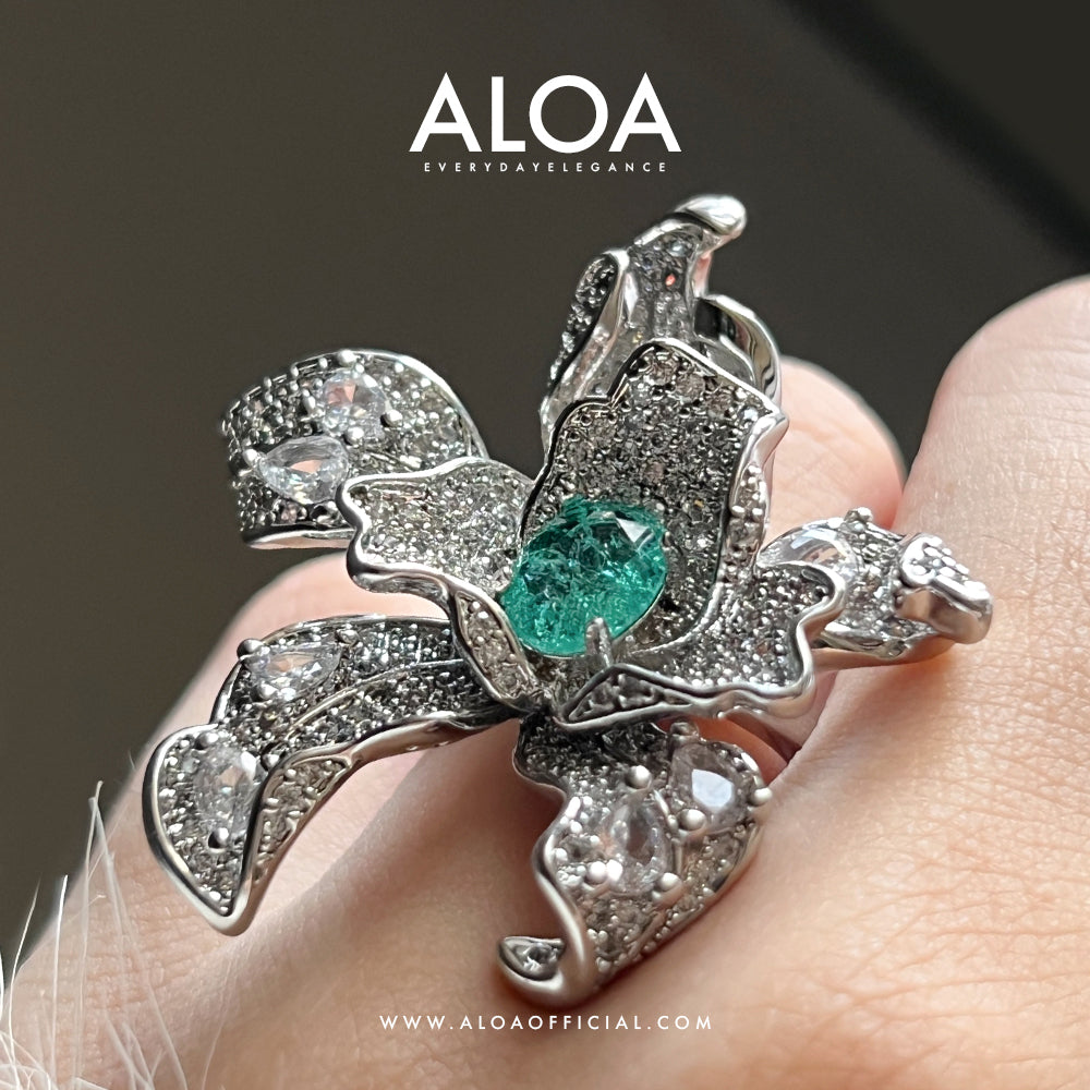 Aqua Blossom Delight: 3D CZ Flower Ring