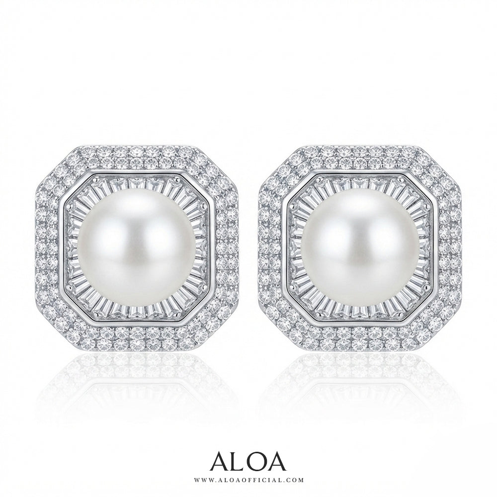 Octagon Pearl Halo Stud Earrings
