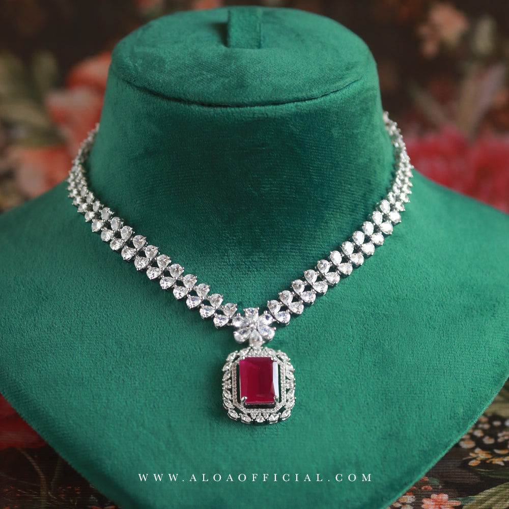 CUBIC ZIRCONIA RUBY RED STONE NECKLACE SET