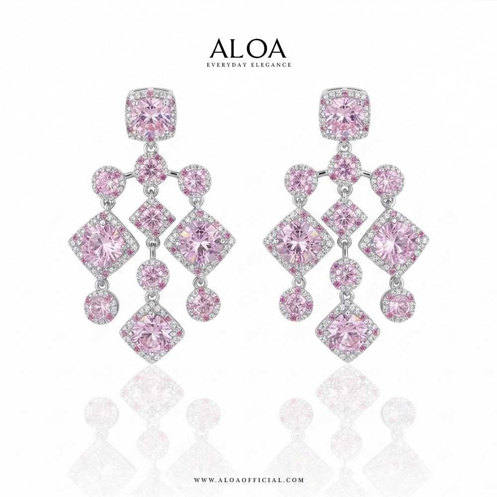 Silver Pink Crystal Chandelier Earrings