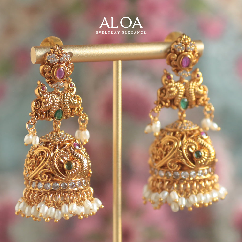 Peacock Kempu & Emerald Jhumka Earrings