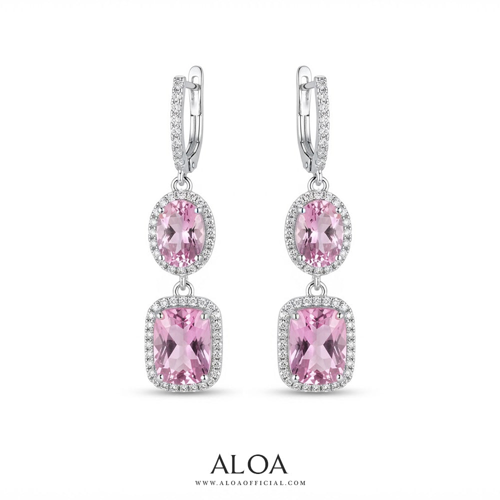 Two Stone Oval and Cushion Pink CZ Dangle Earrings