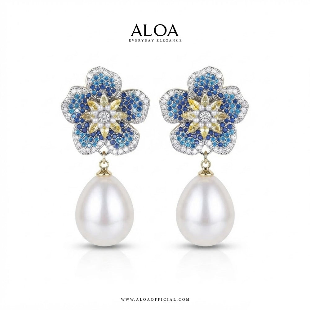 Silver Blue Floral Pearl Drop Earrings
