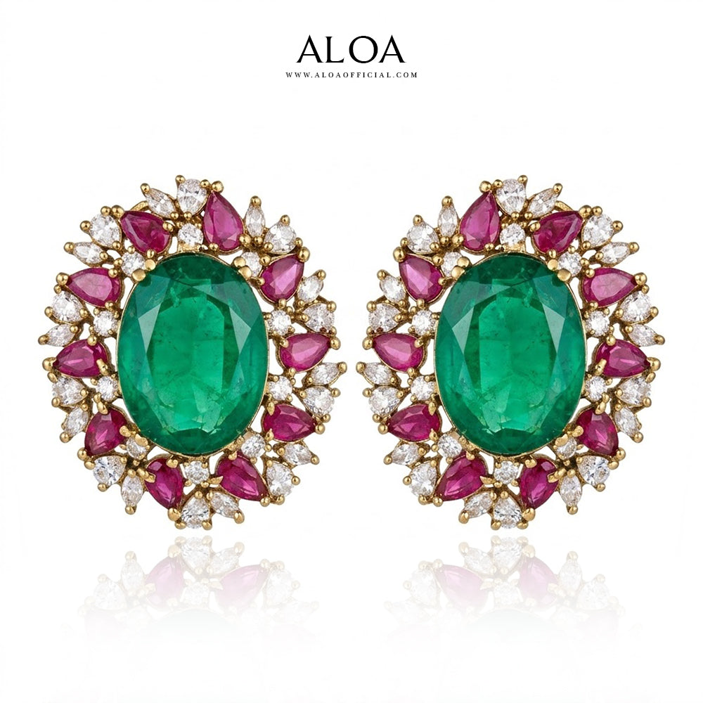 Regal Emerald & Crimson Cluster Statement Earrings