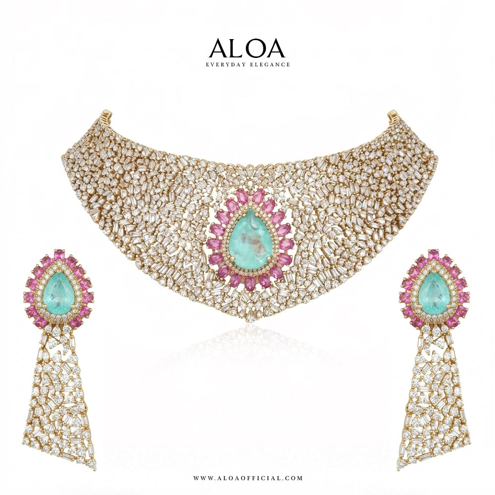 Turquoise-Green & Pink Sapphire Grand Collar Set