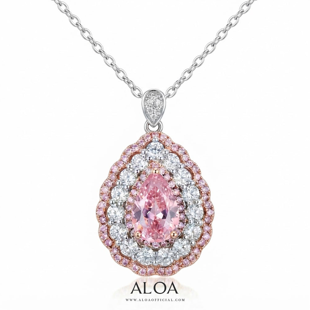 Pear Shaped Pink CZ Double Halo Pendant