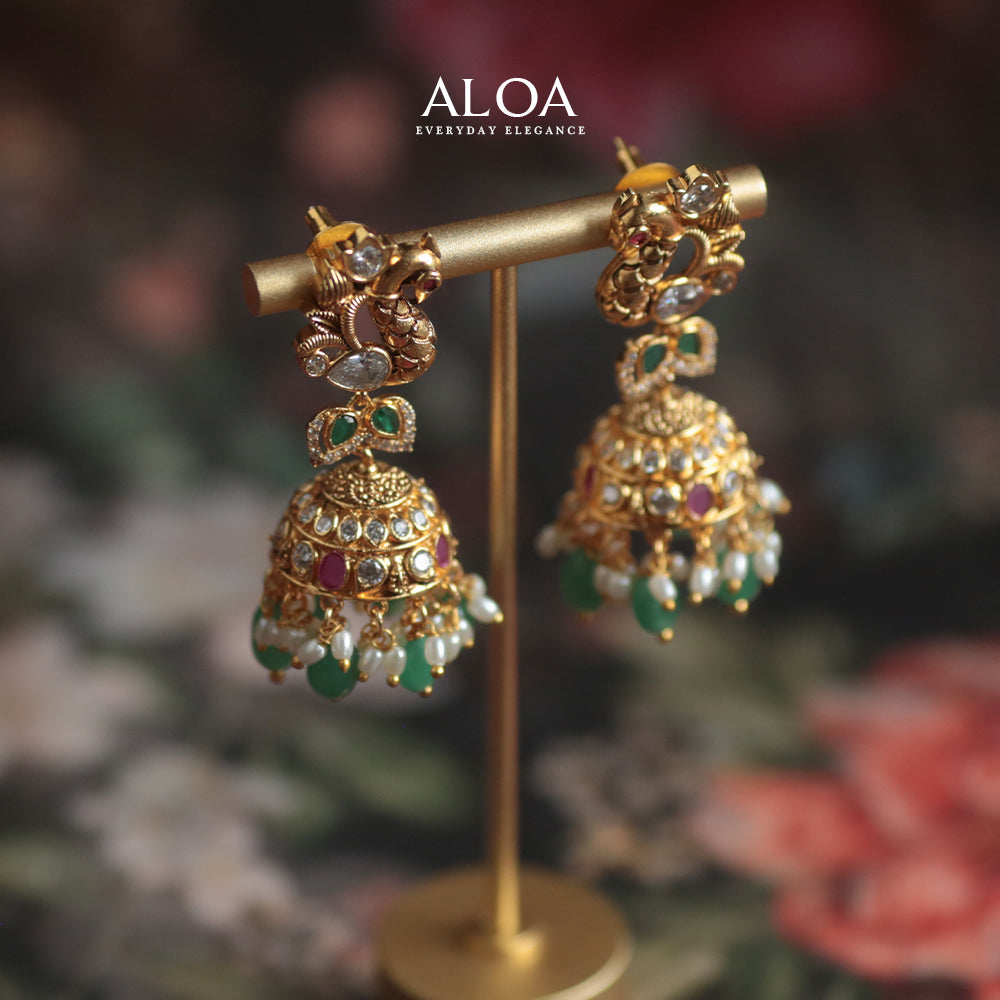 Peacock Jhumkas with Emerald & Pearls