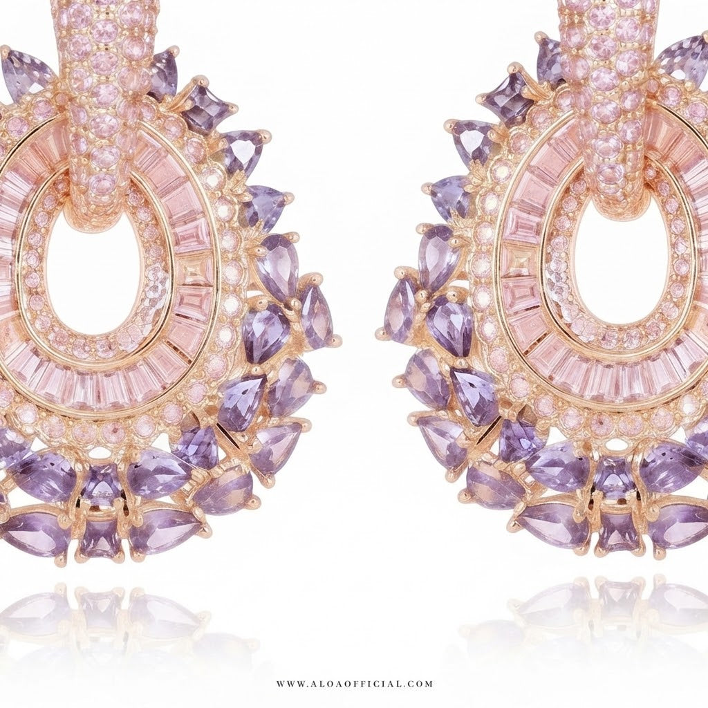 Amethyst & Pink CZ Dangle Hoops