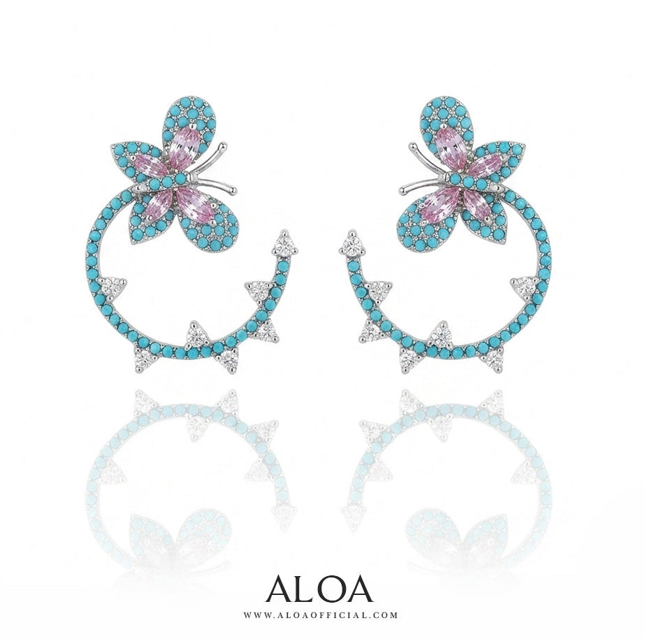 Silver Turquoise Butterfly Hoop Earrings
