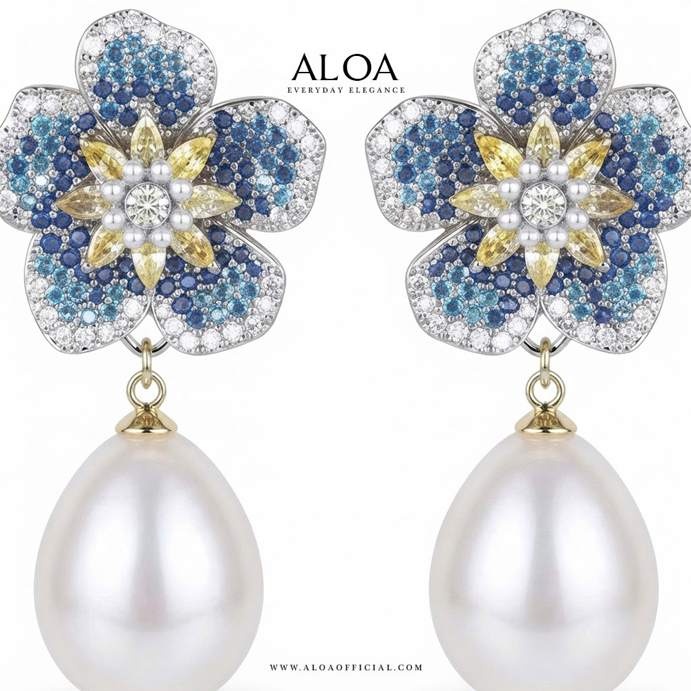 Silver Blue Floral Pearl Drop Earrings
