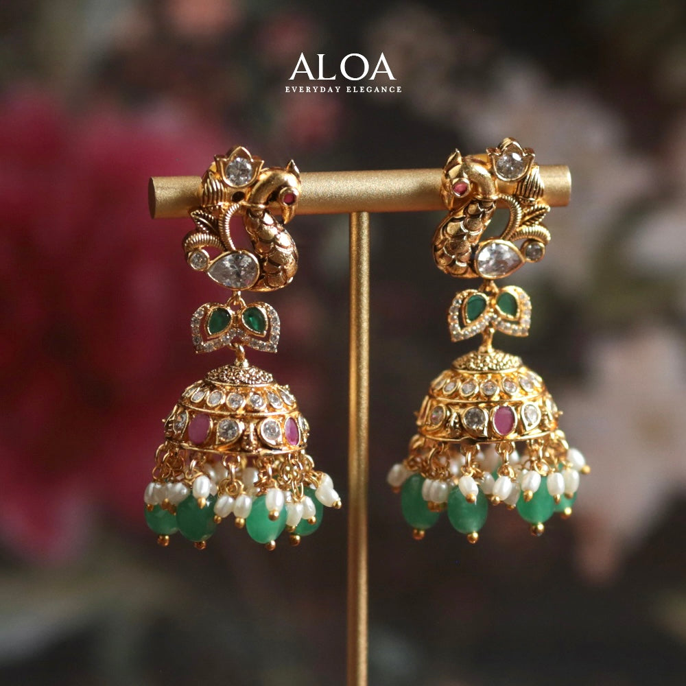 Peacock Jhumkas with Emerald & Pearls