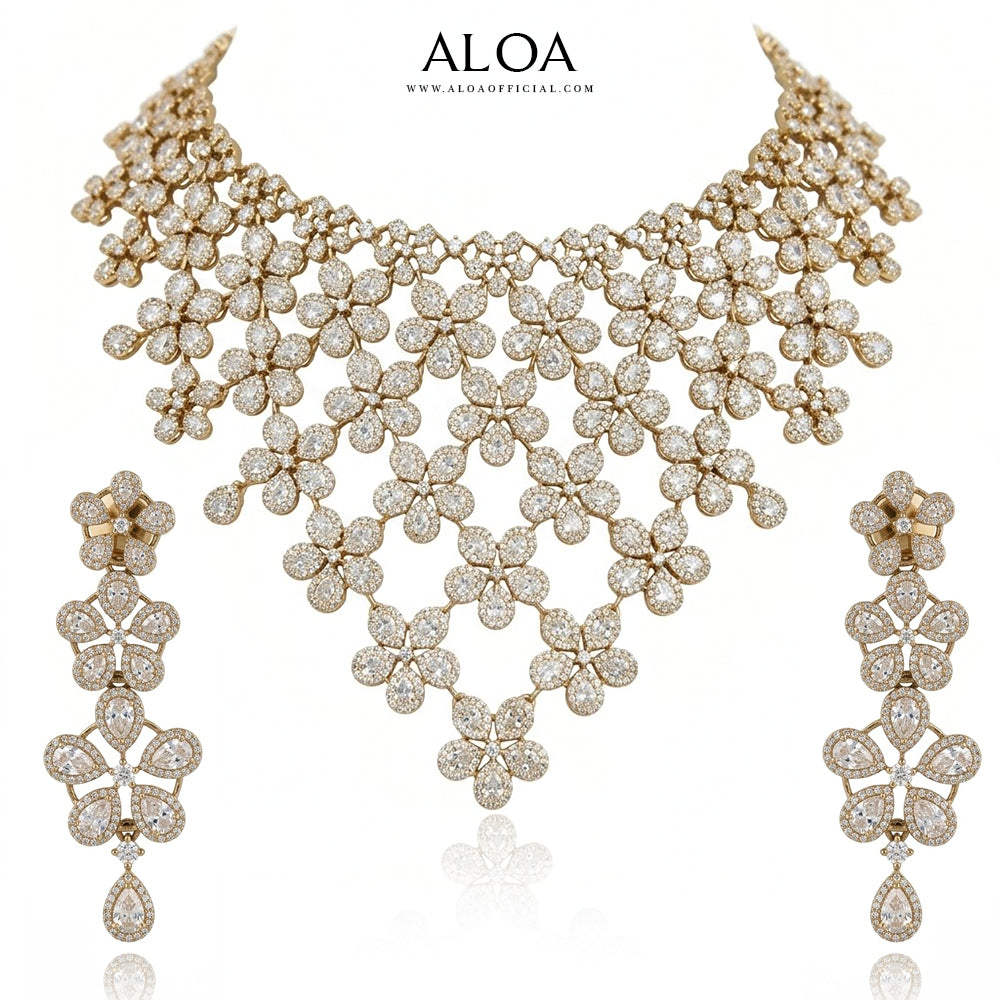 Imperial Diamond-Style Floral Mesh Bridal Jewelry Set