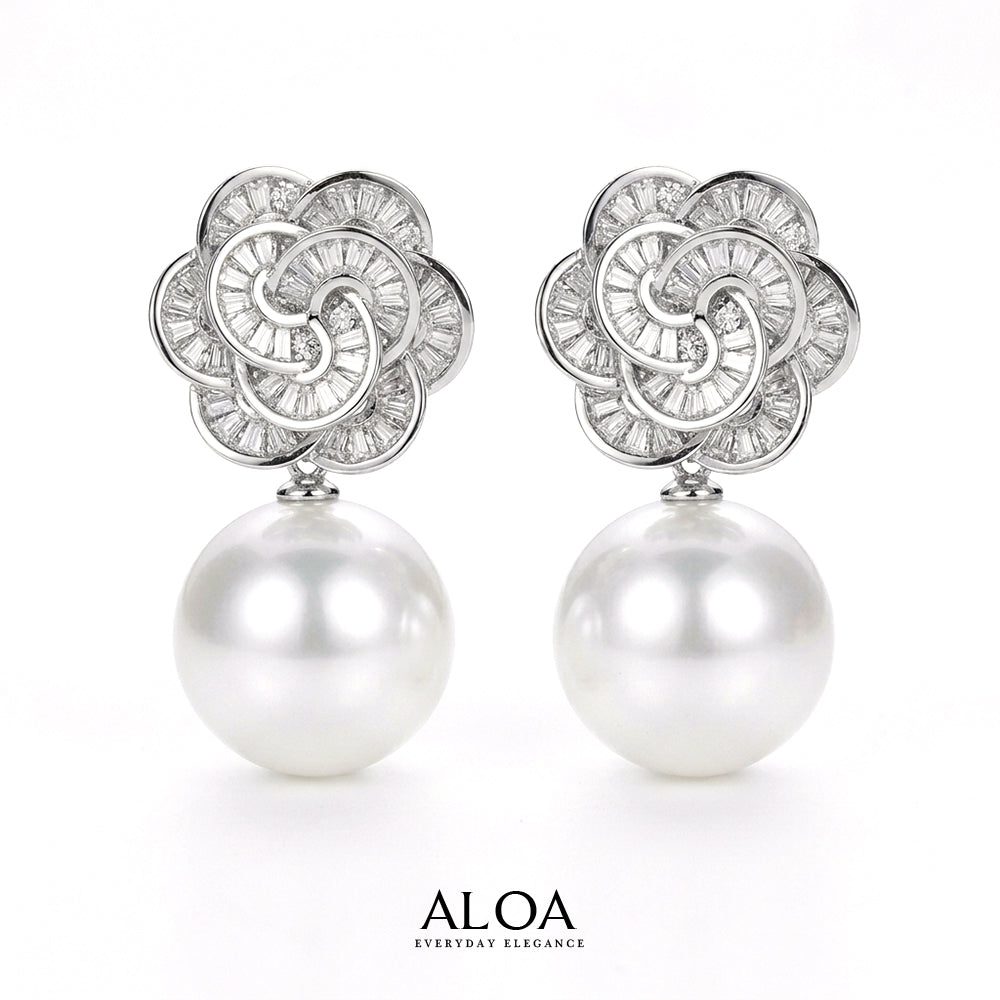 Baguette Crystal Rose Pearl Earrings