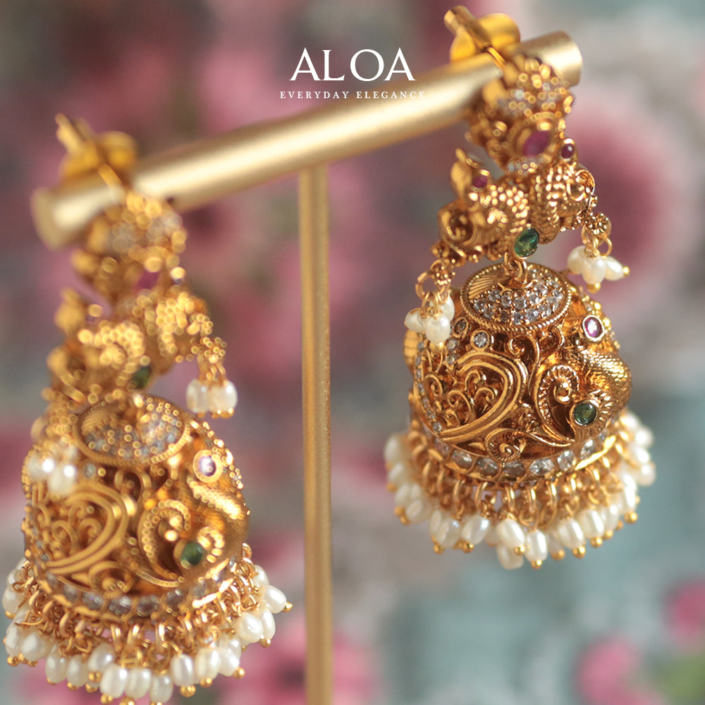 Peacock Kempu & Emerald Jhumka Earrings