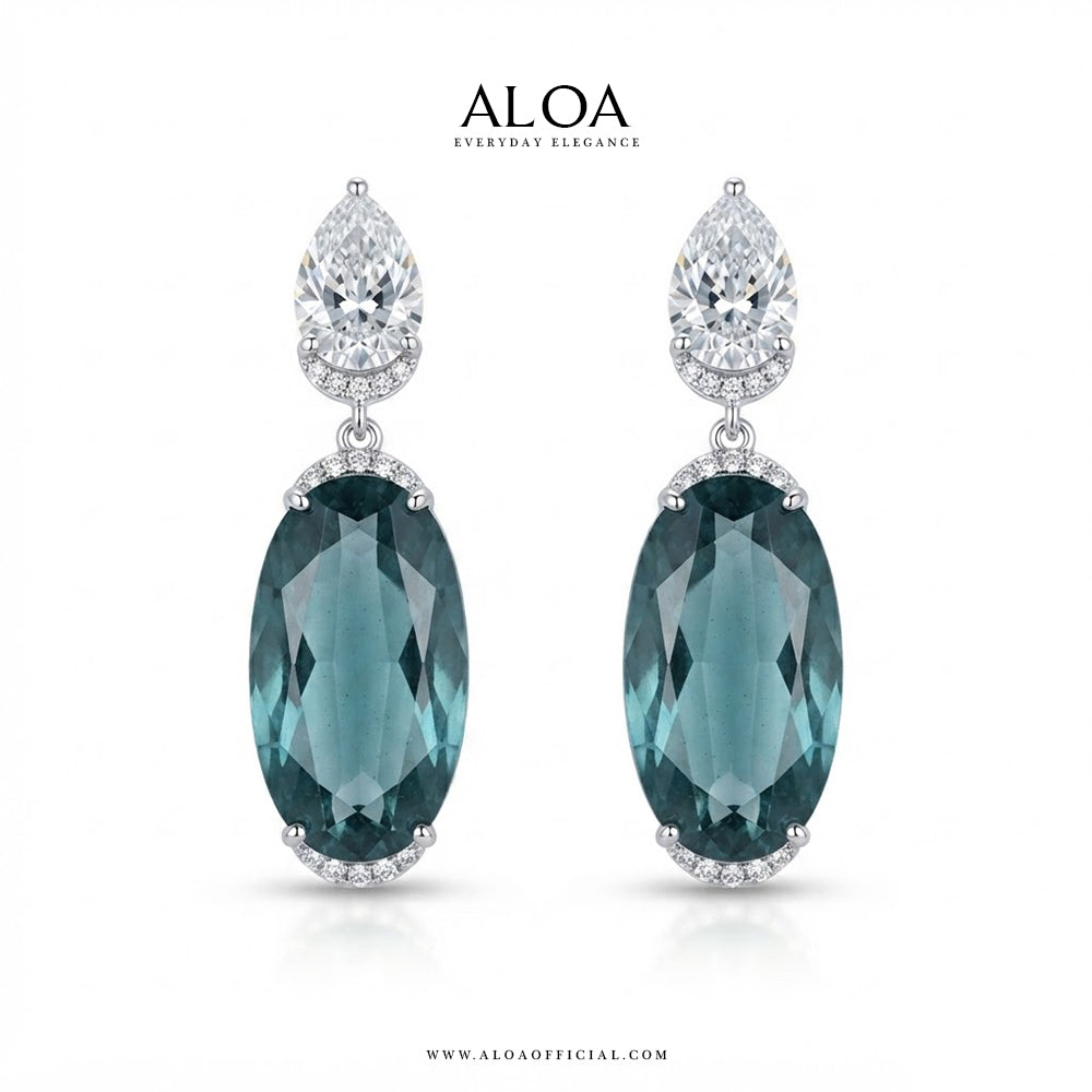 Pear Diamond & Teal Oval Earrings
