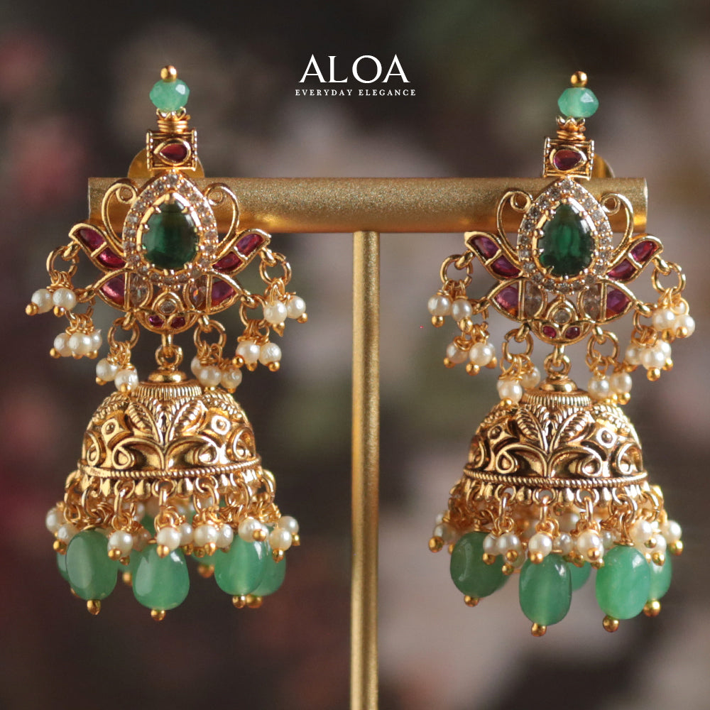 Lotus Emerald & Kempu Jhumka Earrings