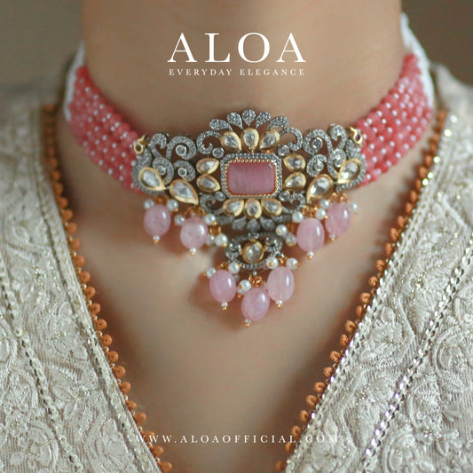 Pink Antique-Finish Kundan Choker Necklace Set